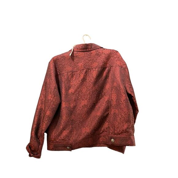 J Jill Red Floral Print Jaquard Embossed Button Front Trucker Jacket Size Medium - Picture 3 of 6
